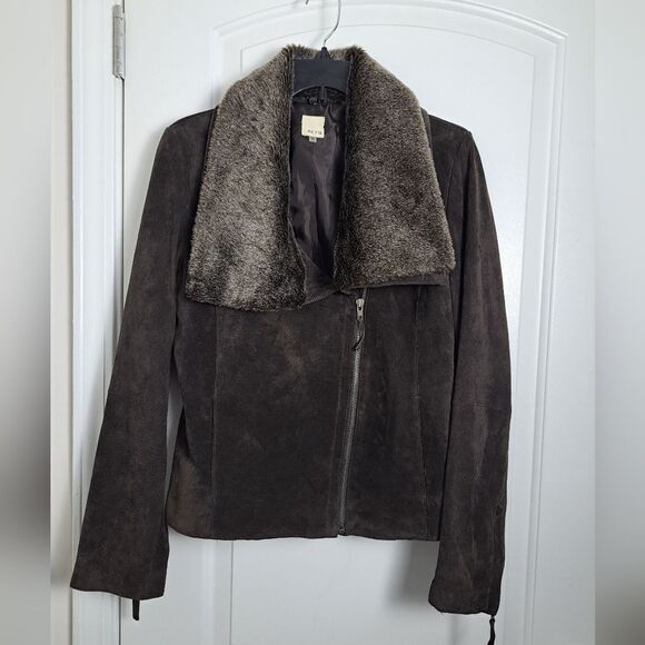 Ecru Genuine Leather acrylic in suede asymmetrical zip mix media brown coat sz M - Picture 1 of 8
